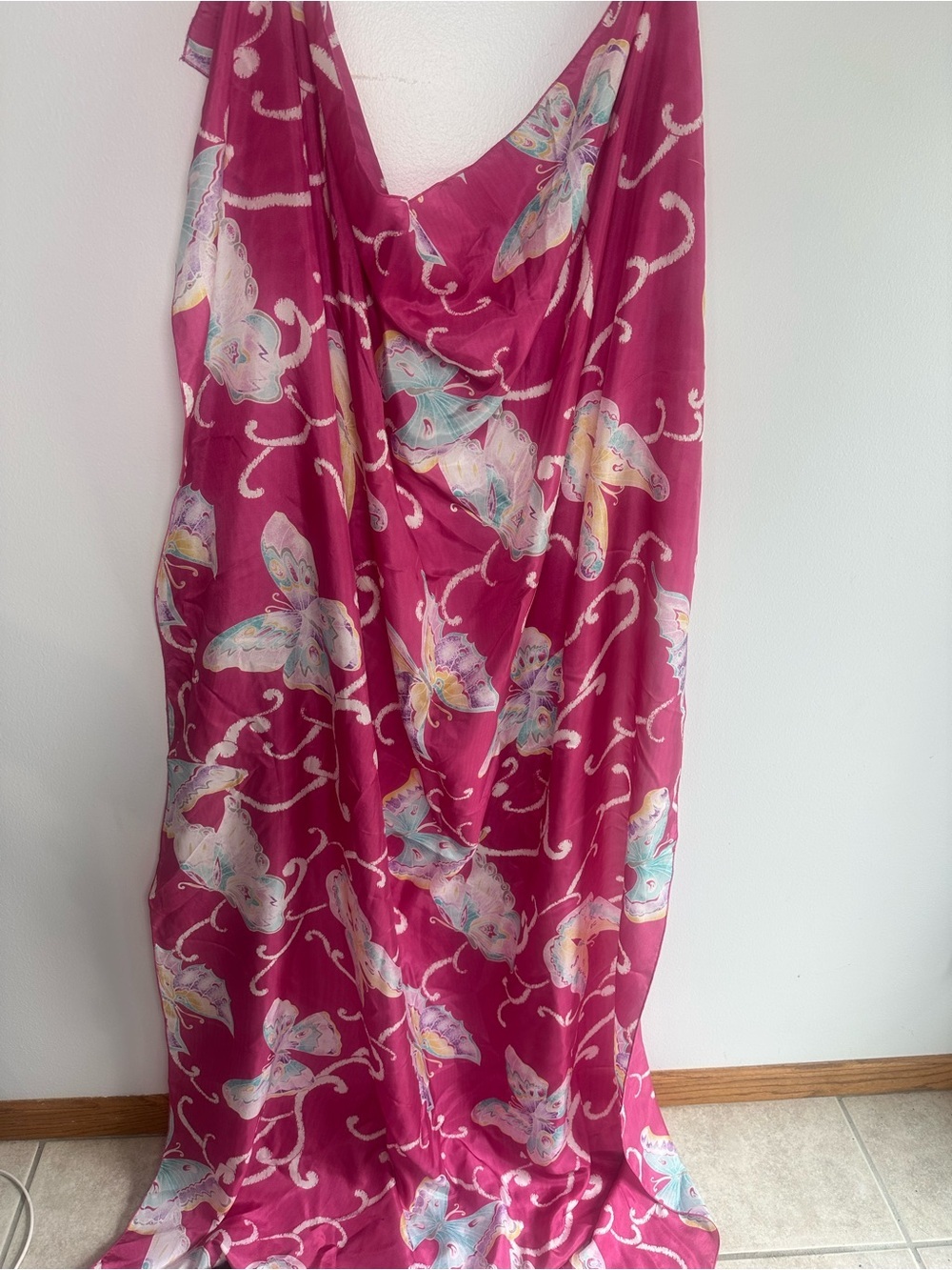 WinterSilks Pink Silk Scarf with Butterflies large